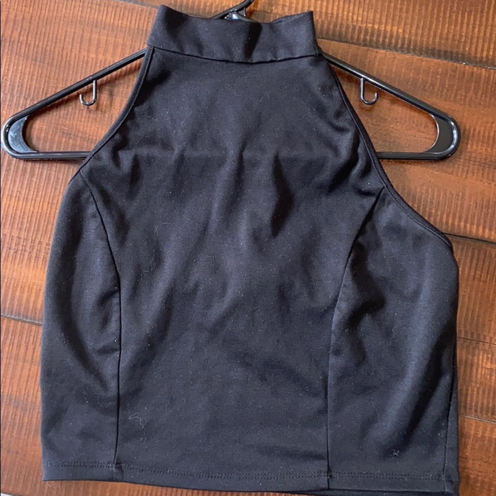 Black backless halter top, size L.